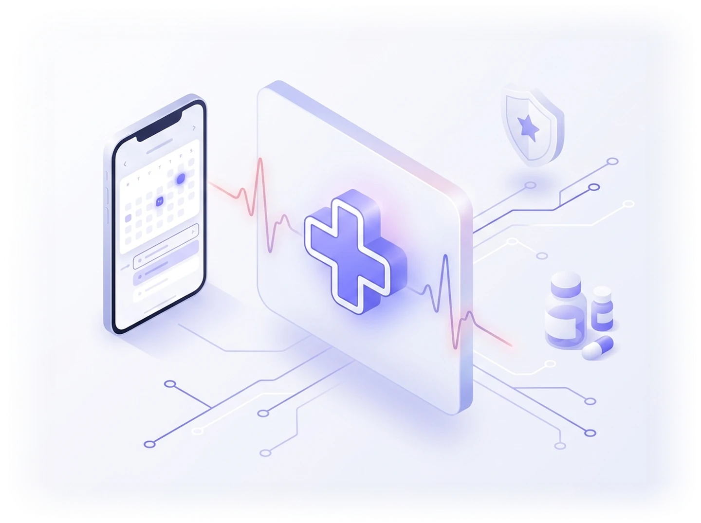An abstract medical cross above a pulse line, representing connected patient access.