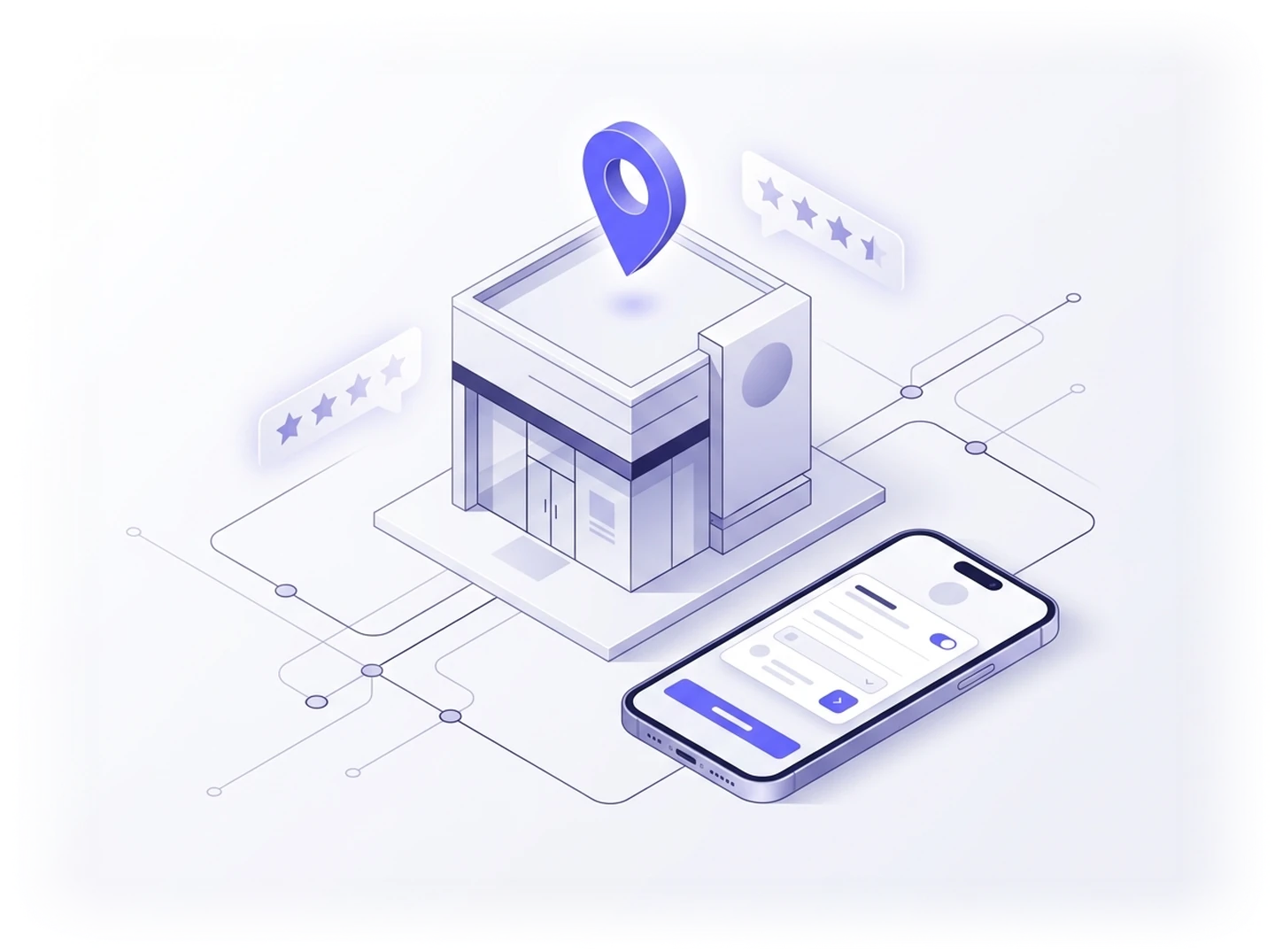 An abstract storefront with a location pin and connected discovery touchpoints.