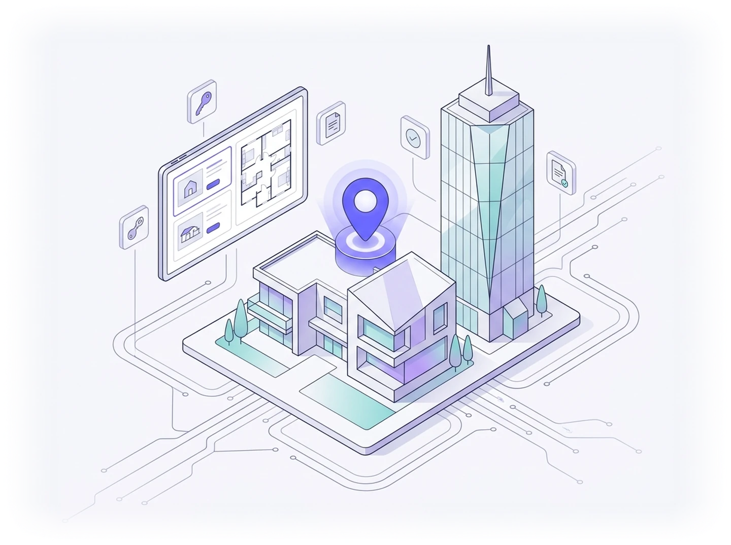 An abstract cluster of property towers with connected enquiry touchpoints.
