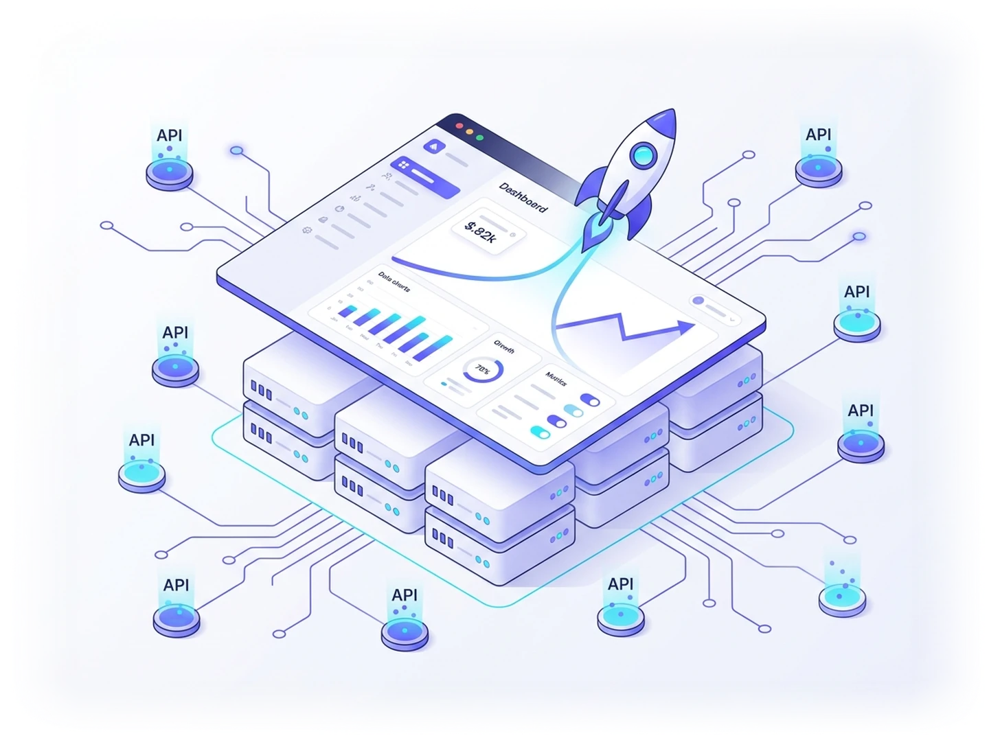 An abstract network of connected software modules and onboarding paths.